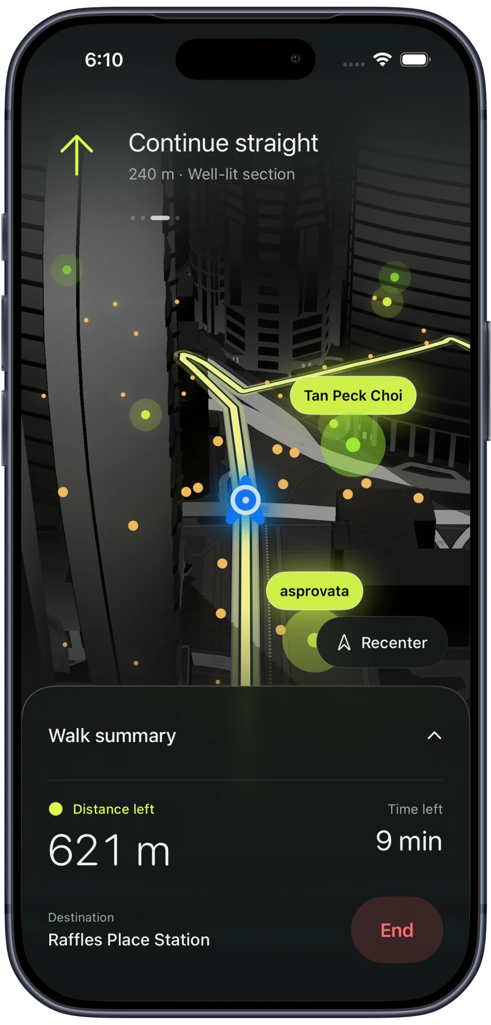 Lightway navigation showing a lit walking route and nearby places