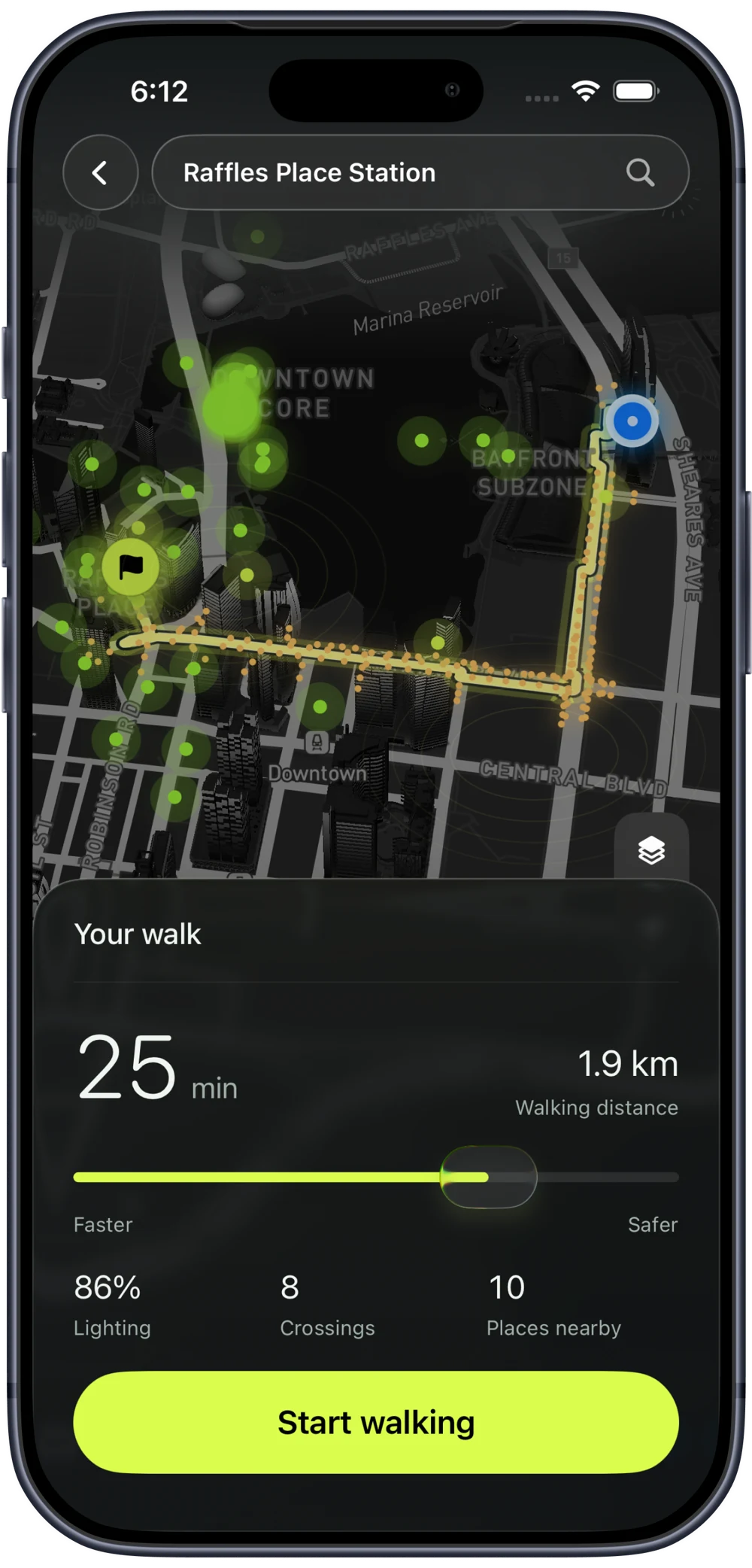 Walking route preview with lighting, crossings and nearby places